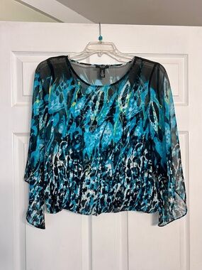 Alfani Teal/Black Abstract Sheer Blouse w/attached tank top